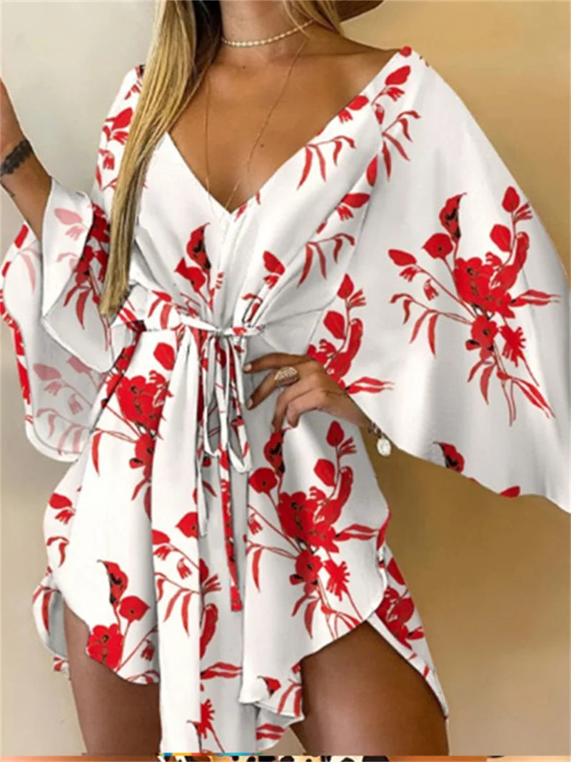 Women’s Floral Print Mini Dress with V-Neck and Batwing Sleeves, Bohemian Loose Fit Summer Beach Sundress Casual Vacation Dress