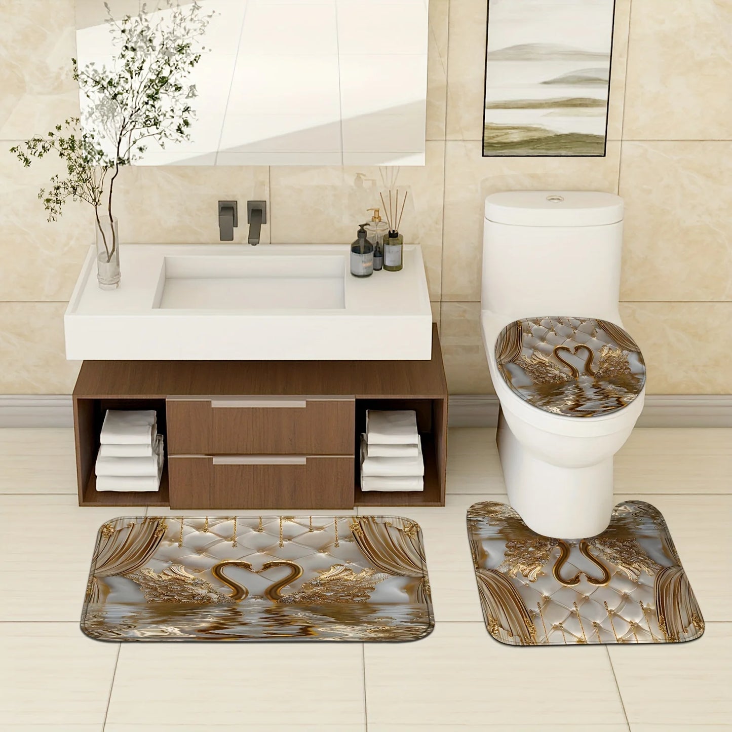 Luxury Gold Swan Bathroom Set 4PCS, Elegant Shower Curtain & Bath Mat Set with 3D Swan Design