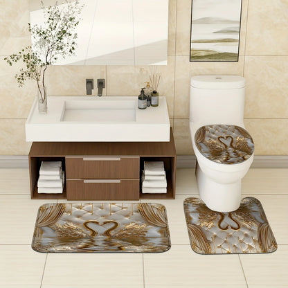 Luxury Gold Swan Bathroom Set 4PCS, Elegant Shower Curtain & Bath Mat Set with 3D Swan Design