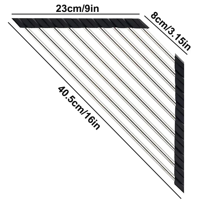 Roll-Up Triangle Dish Drying Rack – Foldable Stainless Steel Sink Corner Organizer for Sponge & Rag