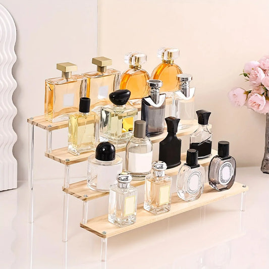 4-Tier Wooden Display Rack, Transparent Perfume & Cosmetics Organizer Shelf for Bathroom & Vanity