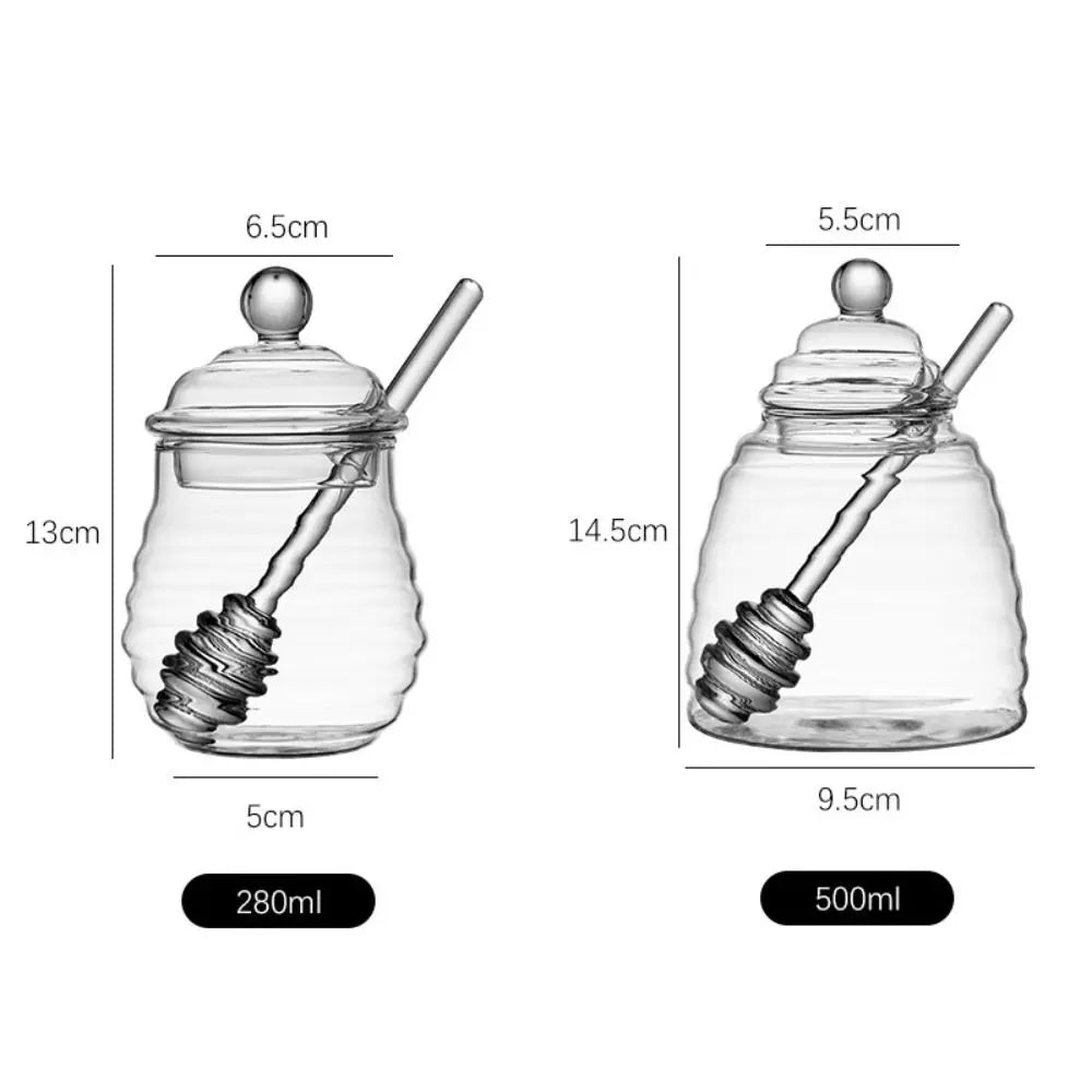 Transparent Honey Pot with Dipper and Lid – Honeycomb Design Honey Tank Kitchen Honey Bottle