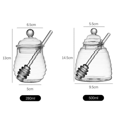 Transparent Honey Pot with Dipper and Lid – Honeycomb Design Honey Tank Kitchen Honey Bottle
