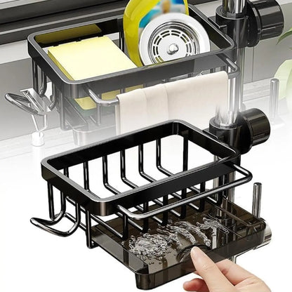 Kitchen Sink Faucet Organizer Dish Drain Rack, Rustproof Adjustable Sponge Holder Sink Caddy with Drain Tray & Towel Rack
