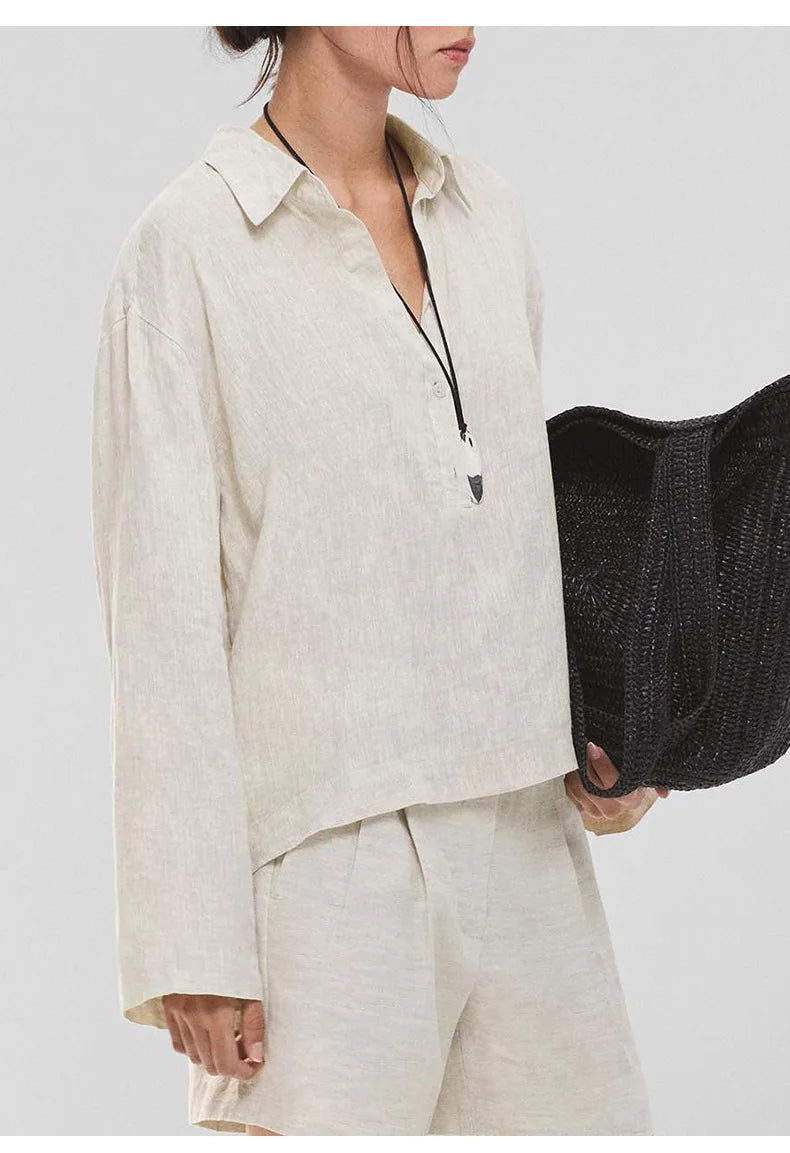 Women’s 100% Linen Half-Button V-Neck Shirt, Long Sleeve Turn-Down Collar Casual Retro Blouse for Spring and Daily Wear