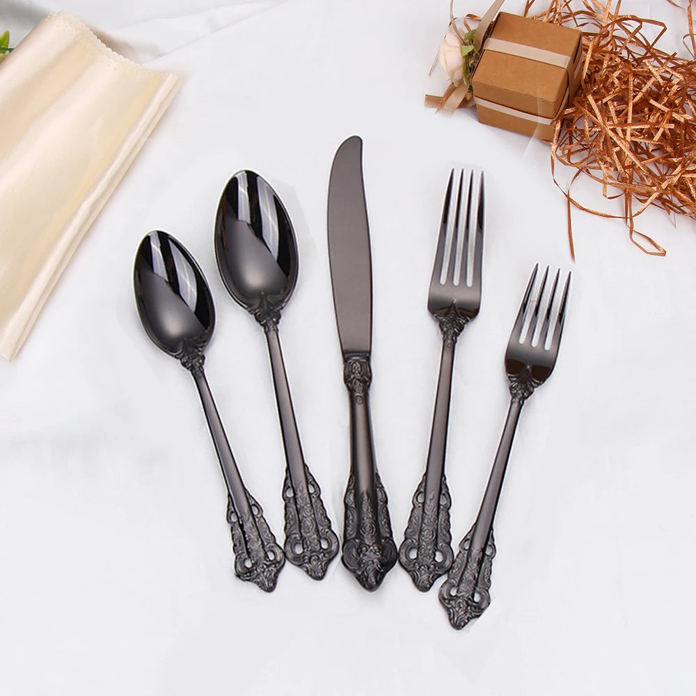 20/30PCS Luxury Gold & Silver Cutlery Set, Vintage Stainless Steel Flatware with Engraved Forks, Spoons & Knives