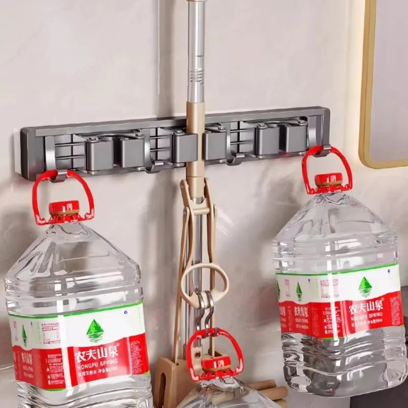 Aluminum Mop Holder Wall Mounted – Adjustable Broom & Mop Organizer Rack with Hooks and Strong Adhesive