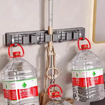 Aluminum Mop Holder Wall Mounted – Adjustable Broom & Mop Organizer Rack with Hooks and Strong Adhesive