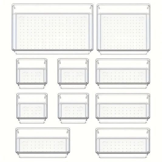 10-Piece Clear Drawer Organizer Set – Plastic Trays & Dividers in 4 Sizes for Makeup & Kitchen Storage