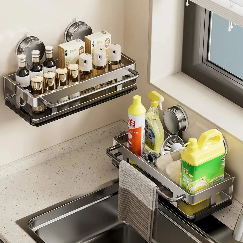 Suction Cup Wall-Mounted Kitchen Sink Storage Rack – Punch-Free Rag & Sponge Draining Organizer