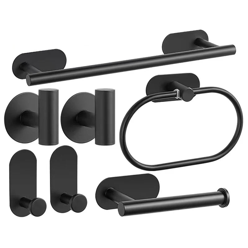 No-Drill Stainless Steel Bathroom Accessories Set, Self-Adhesive Towel Bar, Paper Holder, Towel Ring & Robe Hook