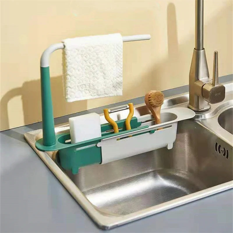 Telescopic Sink Shelf – Adjustable Kitchen Sink Organizer Soap & Sponge Holder Drain Rack