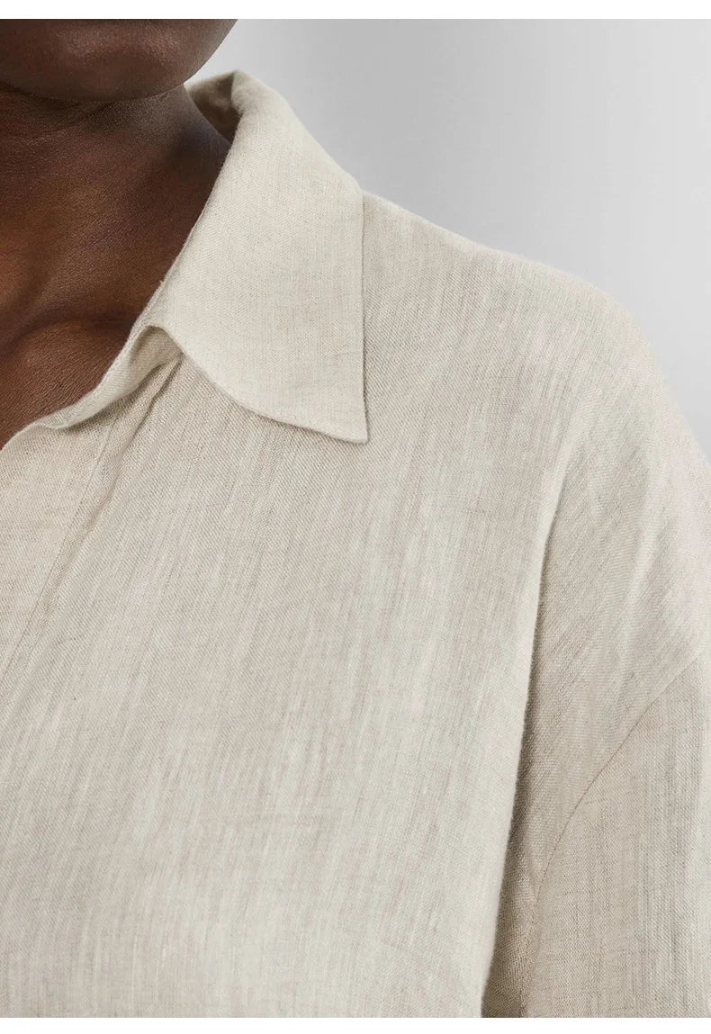 Women’s 100% Linen Half-Button V-Neck Shirt, Long Sleeve Turn-Down Collar Casual Retro Blouse for Spring and Daily Wear