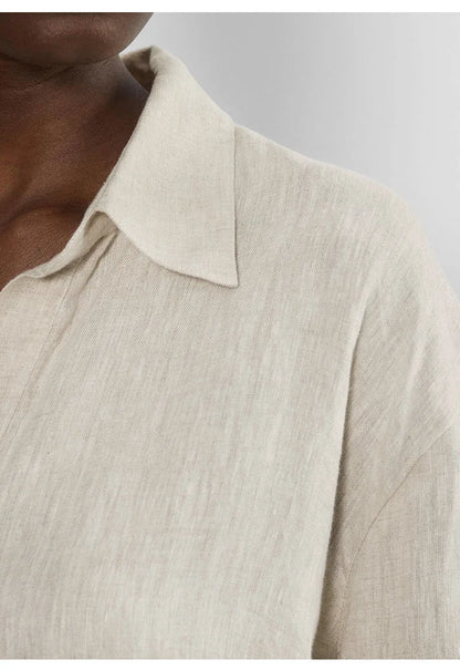 Women’s 100% Linen Half-Button V-Neck Shirt, Long Sleeve Turn-Down Collar Casual Retro Blouse for Spring and Daily Wear