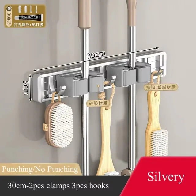 Aluminum Mop Holder Wall Mounted – Adjustable Broom & Mop Organizer Rack with Hooks and Strong Adhesive