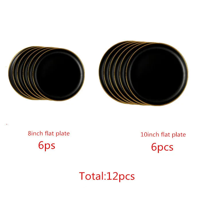 Black Porcelain Dinnerware Set with Gold Rim, Ceramic Plates, Bowls & Cutlery for Home & Restaurant Use