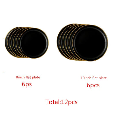 Black Porcelain Dinnerware Set with Gold Rim, Ceramic Plates, Bowls & Cutlery for Home & Restaurant Use