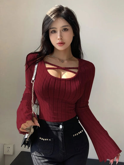 Women’s Ribbed Knit Long Sleeve T-Shirt with Square Neck and Cross Strap, Slim Fit Solid Color Casual Top for Autumn and Winter Streetwear