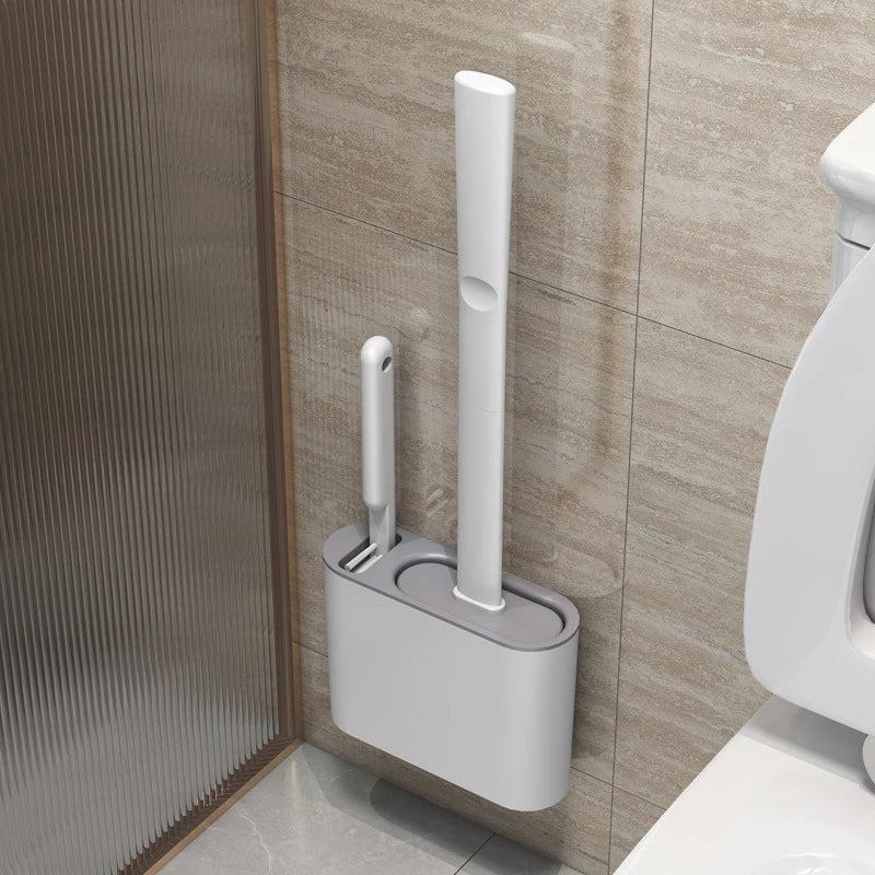 Wall Hanging Toilet Brush with Holder – Long Handled Silicone Toilet Brush with Soft Bristles WC Cleaning Brush Bathroom Accessory