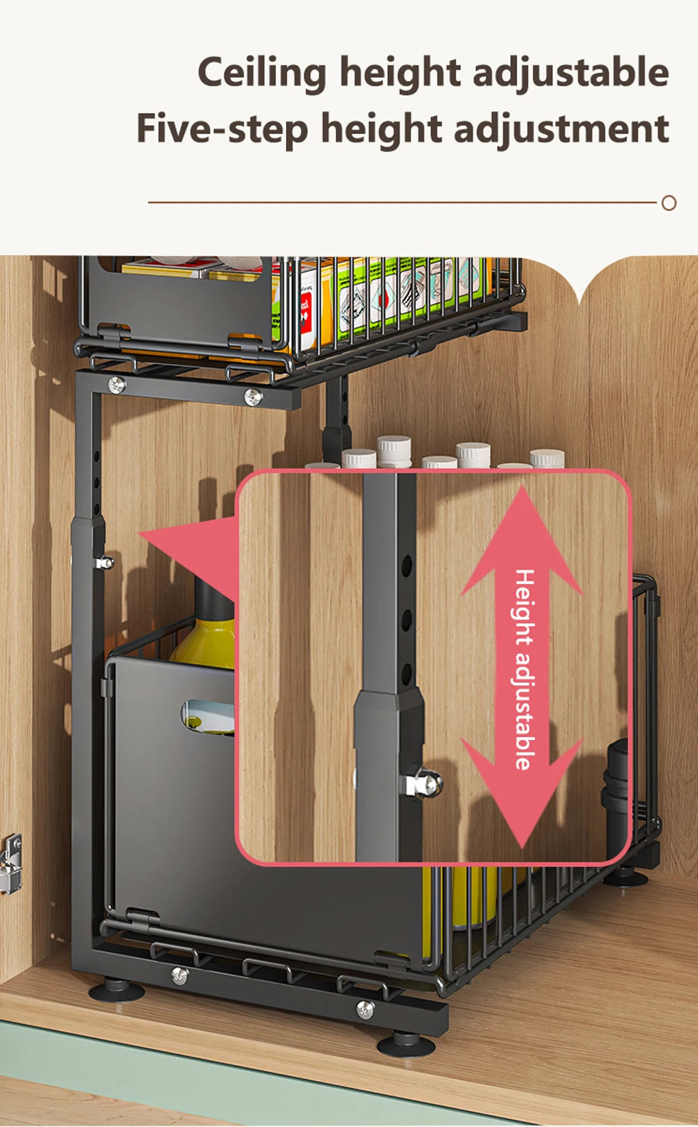 2-Tier Pull Out Cabinet Organizer, Adjustable Slide Out Kitchen Storage Rack for Under Sink & Spice Jar Organization