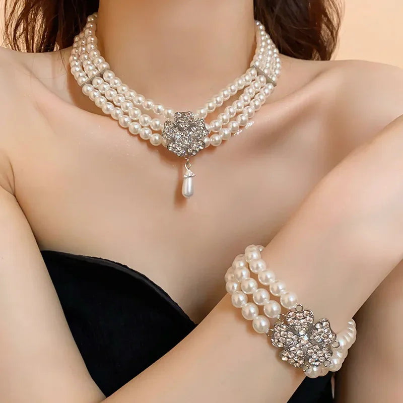 Flower Party Jewelry Set for Women with Imitation Pearl Multi-Layer Necklace, Rhinestone Bracelet and Earrings, French Luxury Shiny Accessory Set for Weddings and Events