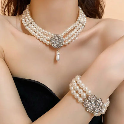 Flower Party Jewelry Set for Women with Imitation Pearl Multi-Layer Necklace, Rhinestone Bracelet and Earrings, French Luxury Shiny Accessory Set for Weddings and Events