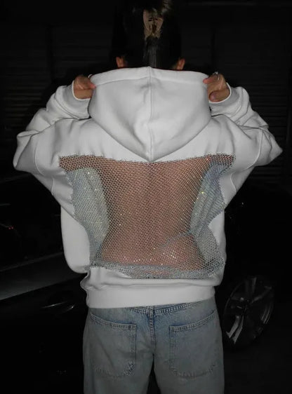 Streetwear Fashion Hoodie Woman's Sexy Solid See Through Backless Sweatshirt Autumn Winter Ladies Lace Splicing Fleece Pullover