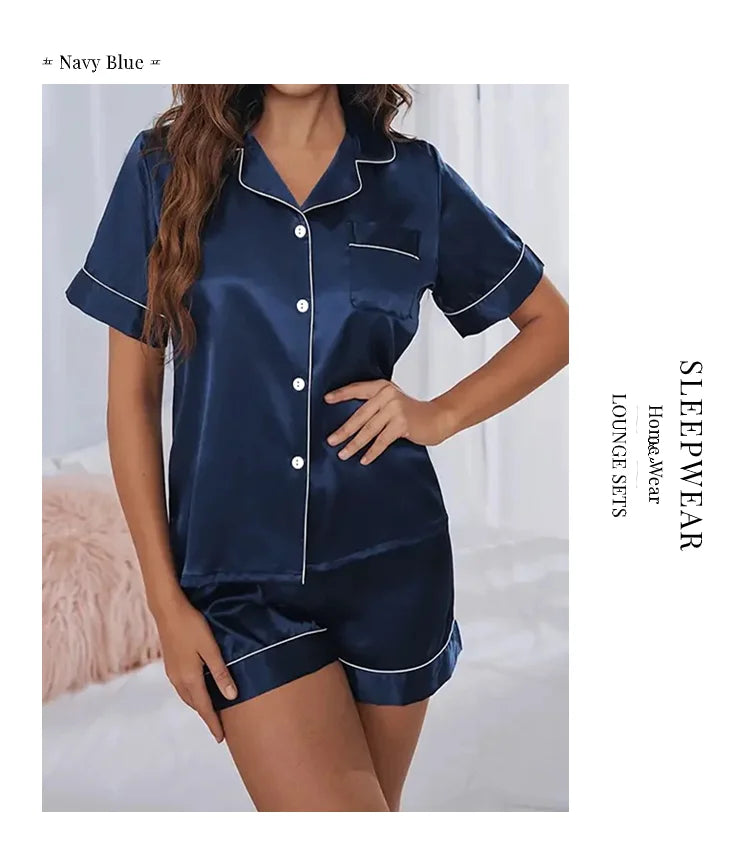 Women’s Satin Pajama Set Button-Down Sleepwear with Short Sleeve Top and Shorts, 2-Piece Summer Loungewear Nightwear Set