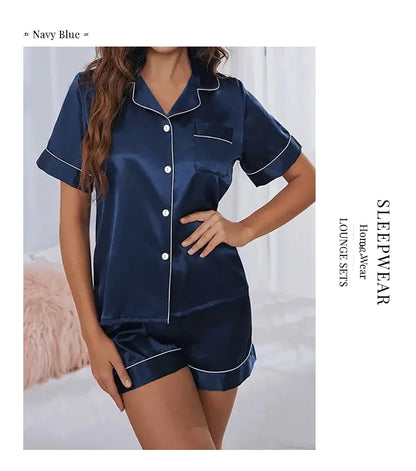 Women’s Satin Pajama Set Button-Down Sleepwear with Short Sleeve Top and Shorts, 2-Piece Summer Loungewear Nightwear Set