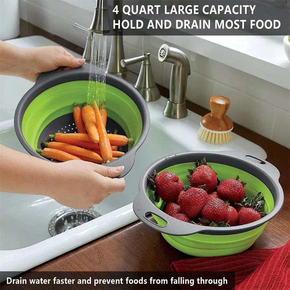 Collapsible Silicone Colander Strainer Basket, Foldable Vegetable and Fruit Washing & Draining Basket Kitchen Gadget