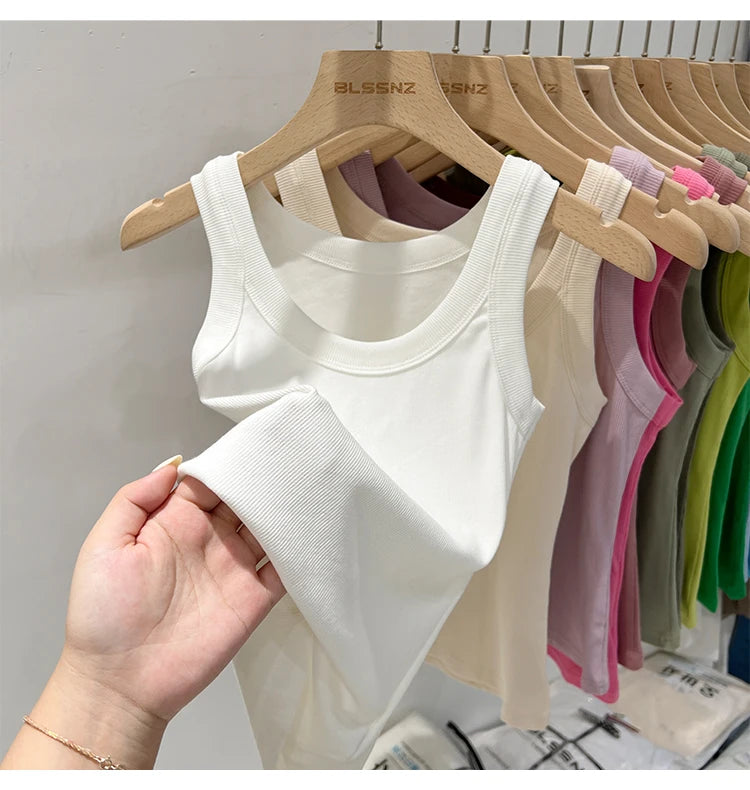 Women’s Ribbed Cotton Tank Top Solid Color Round Neck Camisole, High Stretch Summer Basic O-Neck Sleeveless Casual Top
