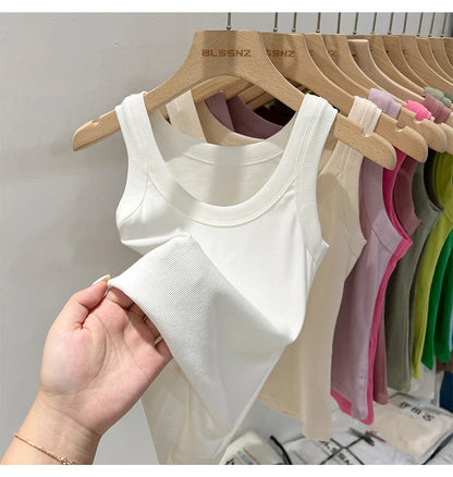 Women’s Ribbed Cotton Tank Top Solid Color Round Neck Camisole, High Stretch Summer Basic O-Neck Sleeveless Casual Top