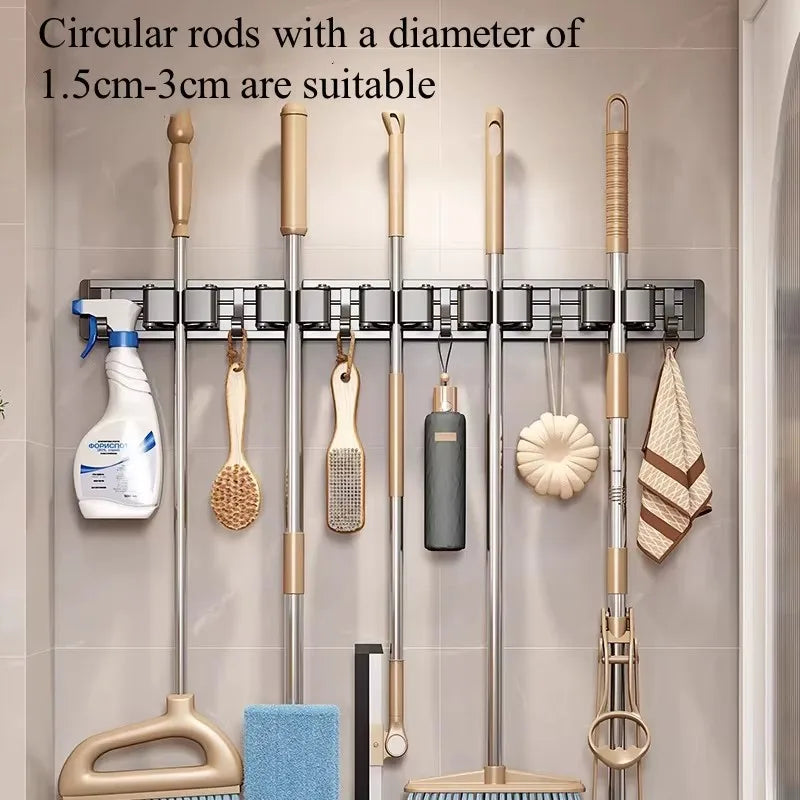 Aluminum Mop Holder Wall Mounted – Adjustable Broom & Mop Organizer Rack with Hooks and Strong Adhesive