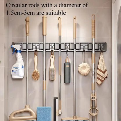 Aluminum Mop Holder Wall Mounted – Adjustable Broom & Mop Organizer Rack with Hooks and Strong Adhesive