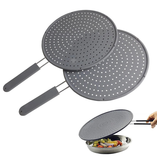 Silicone Kitchen Splatter Screen with Handle – Heat-Resistant Oil Splash Guard Frying Pan Lid Drain Board Cover