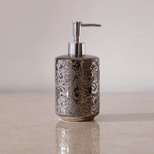 Silver Ceramic 5-Piece Bathroom Accessory Set, Soap Dispenser, Gargle Cup, Soap Dish & Toothbrush Holder Toiletry Set