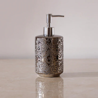 Silver Ceramic 5-Piece Bathroom Accessory Set, Soap Dispenser, Gargle Cup, Soap Dish & Toothbrush Holder Toiletry Set