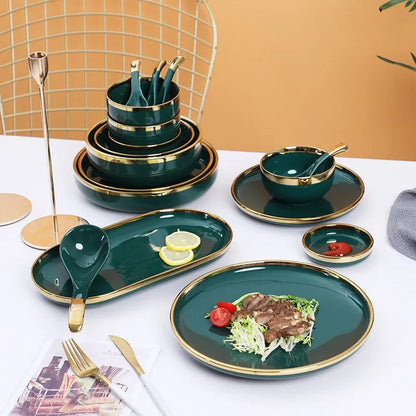 Luxury Green Ceramic Dinnerware Set with Gold Rim, Porcelain Plates & Bowls for Dessert, Salad & Soup