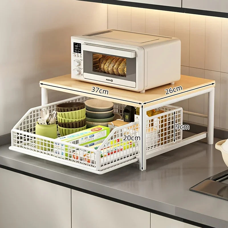 Modern Kitchen Microwave Rack, Solid Wood & Metal Countertop Storage Shelf, Space-Saving Organizer