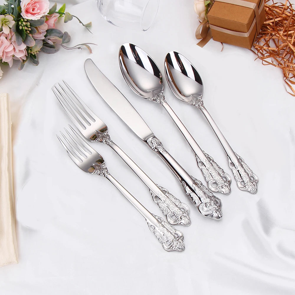 20/30PCS Luxury Gold & Silver Cutlery Set, Vintage Stainless Steel Flatware with Engraved Forks, Spoons & Knives