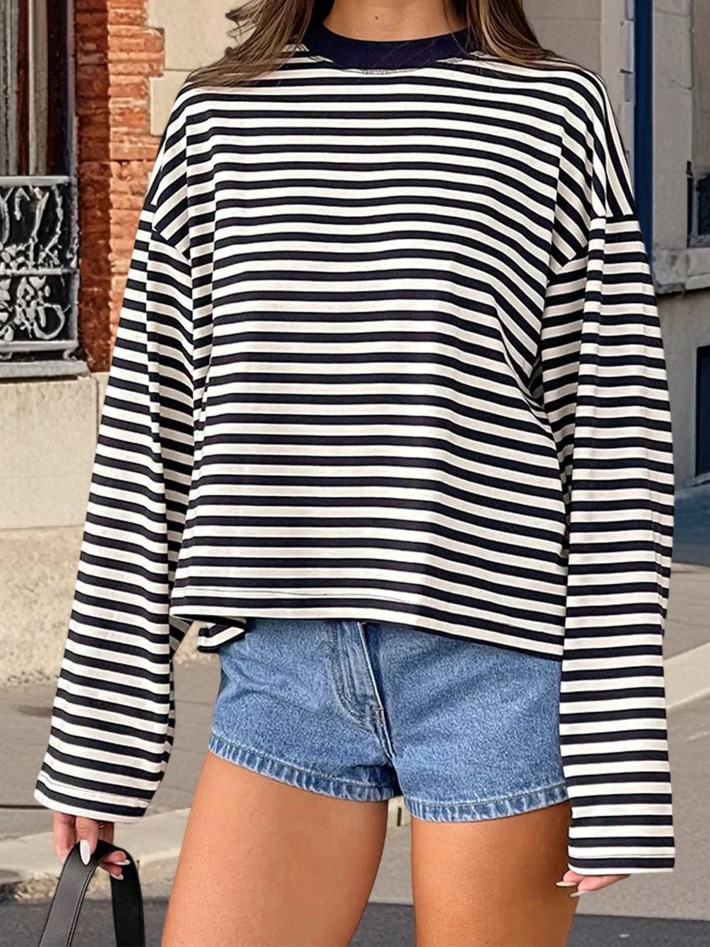 Women’s Retro Striped Long Sleeve T-Shirt, Loose Fit Crew Neck Casual Top, Vintage Streetwear Fall Pullover Tee for Ladies