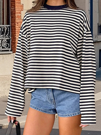 Women’s Retro Striped Long Sleeve T-Shirt, Loose Fit Crew Neck Casual Top, Vintage Streetwear Fall Pullover Tee for Ladies