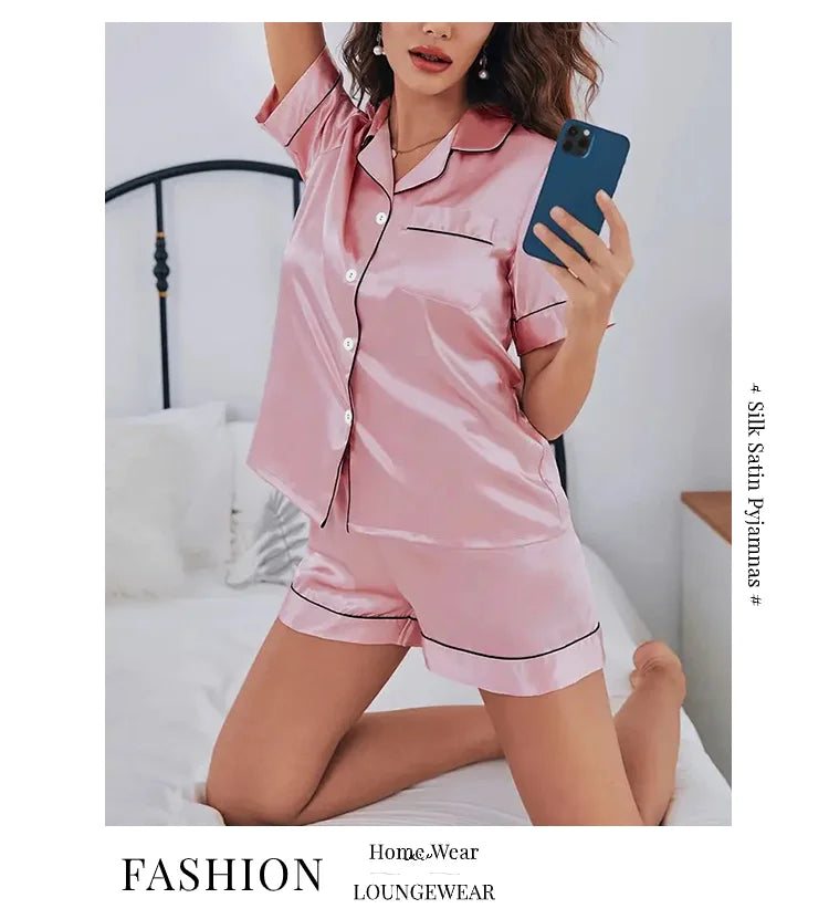 Women’s Satin Pajama Set Button-Down Sleepwear with Short Sleeve Top and Shorts, 2-Piece Summer Loungewear Nightwear Set