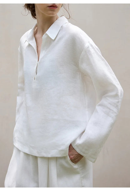 Women’s 100% Linen Half-Button V-Neck Shirt, Long Sleeve Turn-Down Collar Casual Retro Blouse for Spring and Daily Wear