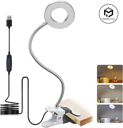 48 LED Clip-On Desk Lamp with 360° Flexible Gooseneck, USB Powered Dimmable Reading Light, Eye-Caring Table Lamp for Study, Office, and Bedroom