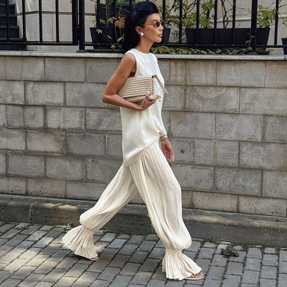 Women’s Apricot Loose Bloomers Pants with Elastic Waist, Sheer Flare Long Trousers, Elegant Autumn Streetwear Casual Wide-Leg Pants