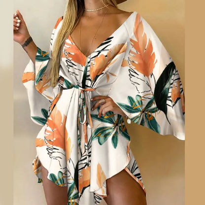 Women’s Floral Print Mini Dress with V-Neck and Batwing Sleeves, Bohemian Loose Fit Summer Beach Sundress Casual Vacation Dress