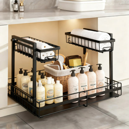 2-Tier Expandable Under Sink Organizer – Adjustable Metal Storage Shelf for Kitchen & Bathroom (Black)