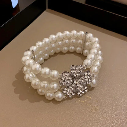 Flower Party Jewelry Set for Women with Imitation Pearl Multi-Layer Necklace, Rhinestone Bracelet and Earrings, French Luxury Shiny Accessory Set for Weddings and Events