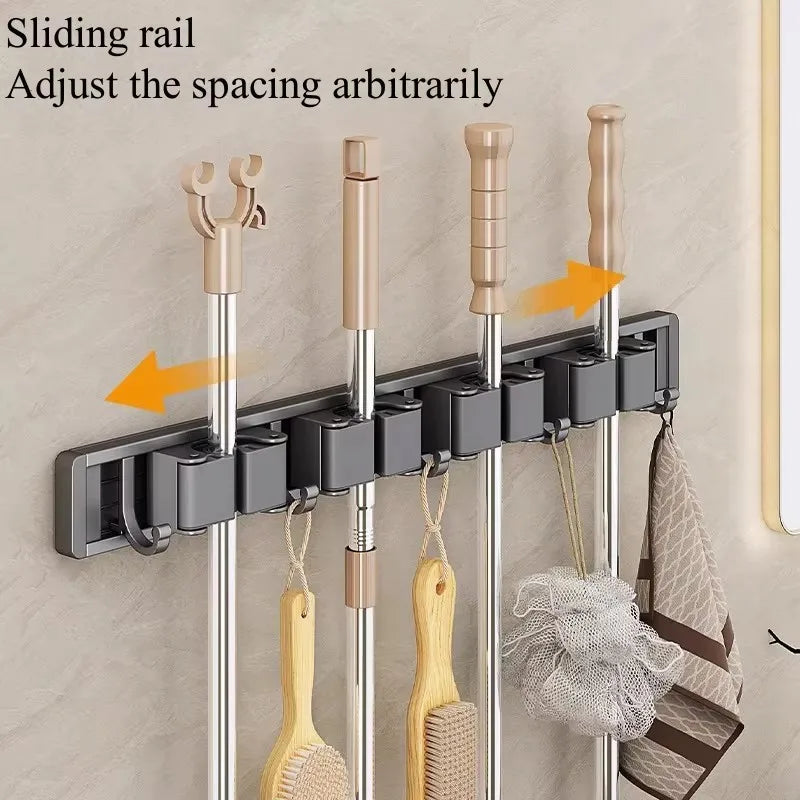 Aluminum Mop Holder Wall Mounted – Adjustable Broom & Mop Organizer Rack with Hooks and Strong Adhesive
